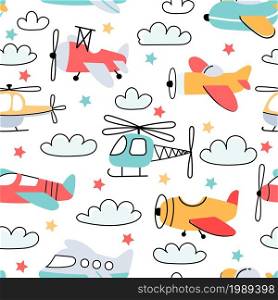 Seamless pattern for boy with cartoon kids airplane and helicopter. Nursery wallpaper with fly planes and clouds. Air transport vector print. Vehicles for transportation in sky, adventure. Seamless pattern for boy with cartoon kids airplane and helicopter. Nursery wallpaper with fly planes and clouds. Air transport vector print