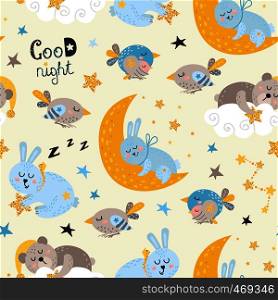 Seamless pattern for boys with sleeping animals. Vector illustration for your design. Seamless pattern for boys with sleeping animals