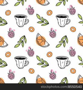 Seamless pattern for cafe menu. Coffee and tea. Endless wallpaper for printing on fabric. Packing paper. Lemon slice. Vector doodle illustration.