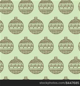 Seamless pattern for Christmas on green background. Doodle christmas balls icon thin line in cartoon scandinavian style. For gift wrap and package or stationery. 