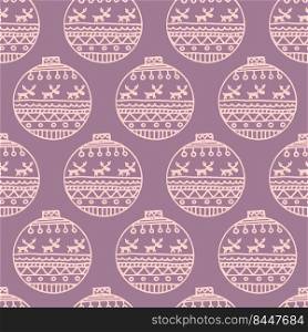 Seamless pattern for Christmas on violet background. Doodle christmas balls icon thin line in cartoon scandinavian style. For gift wrap and package or stationery. 
