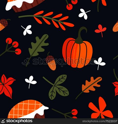Seamless pattern for day of thanksgiving. A congratulatory banner. Autumn leaves, orange pumpkins, birthday cake, berries and acorns. Vector illustration.. Seamless autumn pattern for thanksgiving. Autumn leaves, orange pumpkins, birthday cake, berries and acorns. Vector illustration.