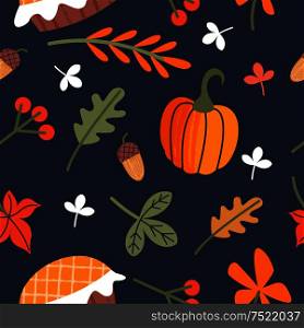 Seamless pattern for day of thanksgiving. A congratulatory banner. Autumn leaves, orange pumpkins, birthday cake, berries and acorns. Vector illustration.. Seamless autumn pattern for thanksgiving. Autumn leaves, orange pumpkins, birthday cake, berries and acorns. Vector illustration.