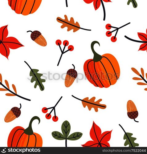 Seamless pattern for day of thanksgiving. A congratulatory banner. Autumn leaves, orange pumpkins, berries and acorns. Vector illustration.. Seamless autumn pattern. Autumn leaves, orange pumpkins, berries and acorns. Vector illustration.