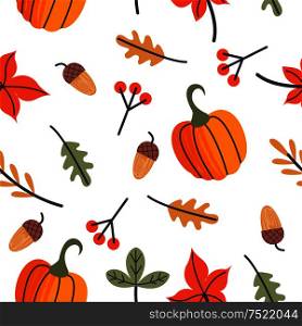 Seamless pattern for day of thanksgiving. A congratulatory banner. Autumn leaves, orange pumpkins, berries and acorns. Vector illustration.. Seamless autumn pattern. Autumn leaves, orange pumpkins, berries and acorns. Vector illustration.