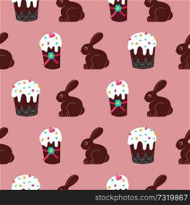 Seamless pattern for Easter. Cute Easter cakes and chocolate bunnies.  Vector illustration.