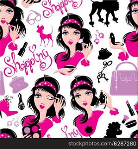 Seamless pattern for fashion Design, glamor lovely girls using different tools to apply make-up and accessories.