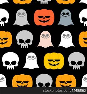 Seamless pattern for Halloween. Background of the symbols of the horrible holiday: skull, Ghost and pumpkin. Vector texture&#xA;