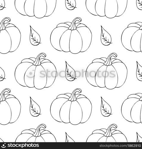 Seamless pattern for Halloween design. Vector illustration in hand draw style. Coloring print with cute pumpkins and leaves. Seamless pattern for Halloween design. Vector illustration in hand draw style