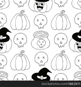 Seamless pattern for Halloween design. Vector illustration in hand draw style. Coloring print with cute pumpkins in witch hats and skulls. Seamless pattern for Halloween design. Vector illustration in hand draw style