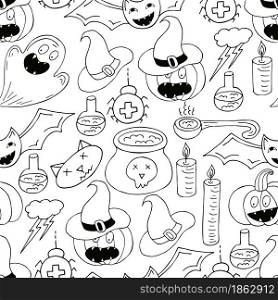 Seamless pattern for Halloween design. Vector illustration in hand draw style. Coloring print with cute pumpkins in witch hats and witch accessories. Seamless pattern for Halloween design. Vector illustration in hand draw style