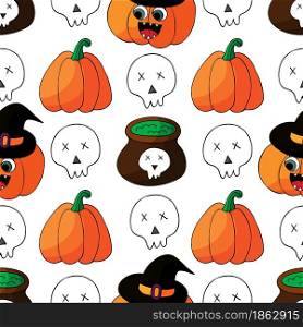 Seamless pattern for Halloween design. Vector illustration in hand draw style. Decorative print with cute pumpkins in witch hats and skulls. Halloween design. Halloween elements, cartoon style
