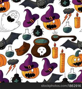 Seamless pattern for Halloween design. Vector illustration in hand draw style. Decorative print with cute pumpkins in witch hats and witch accessories. Halloween design. Halloween elements, cartoon style