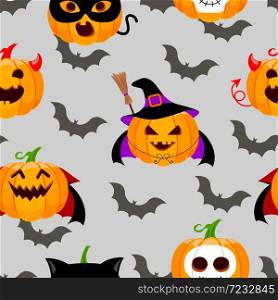 Seamless pattern for Halloween with pumpkins and bats. Vector illustration isolated on gray background. Happy Halloween day.