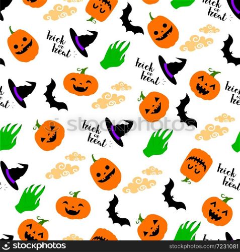 Seamless pattern for Halloween with pumpkins, bats, hat and zombie hand. Vector illustration isolated on white background. Happy Halloween day.