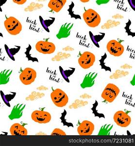 Seamless pattern for Halloween with pumpkins, bats, hat and zombie hand. Vector illustration isolated on white background. Happy Halloween day.
