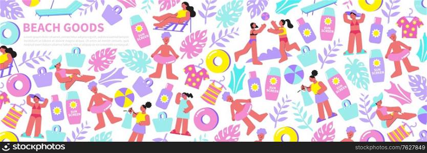 Seamless pattern for header with sun protection tools and people on beach flat vector illustration