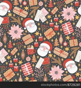 Seamless pattern for New Year and Christmas. Cute hand-drawn illustration with holiday mood. Cozy winter elements like gifts, stars and Santa.