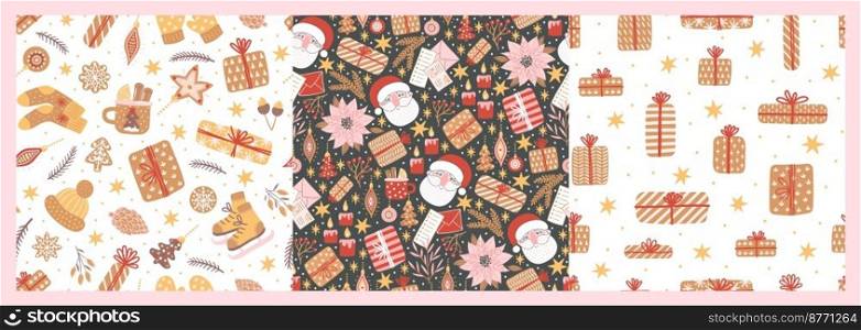 Seamless pattern for New Year and Christmas. Cute hand-drawn illustration with holiday mood. Cozy winter elements like gifts, stars and Santa.