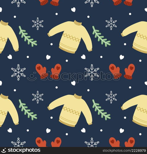 Seamless pattern for New year and Christmas. Mittens, a sweater, and spruce branches. Background for printing on fabric or packaging paper.