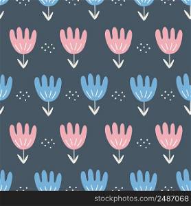 Seamless pattern for print on fabric. Cute floral motif. Blue and pink flowers on dark background. Vector doodle wallpaper for nursery.