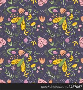 Seamless pattern for print on fabric. Cute floral motif. Butterfly and moth on dark background. Vector doodle wallpaper for nursery. Ornament with cute flower.