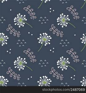 Seamless pattern for printing on fabric. Cute floral motif. Twigs and dandelion. Cute flower on dark blue background. Vector hand drawn wallpaper