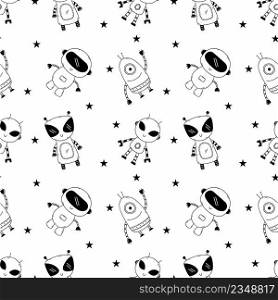 Seamless pattern for sewing children clothes. Cute robot in doodle style. Coloring book. Endless wallpaper in nursery. Background for printing on fabric and wrapping paper.