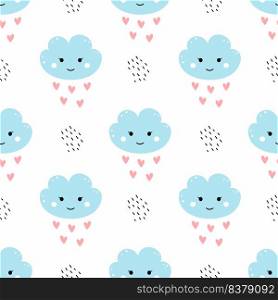 Seamless pattern for sewing children clothing. Blue cloud on white background. Wallpaper in nursery. Cute doodle illustration. Rain heart.
