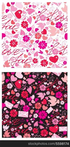 Seamless pattern for Valentine`s Day with doves, letters, hearts, arrows and flowers on black or white background