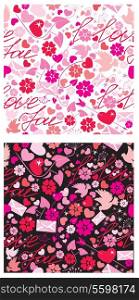 Seamless pattern for Valentine`s Day with doves, letters, hearts, arrows and flowers on black or white background