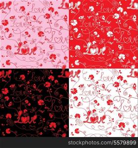 Seamless pattern for Valentine`s Day with word LOVE, flowers and hearts on black, red, white or pink background