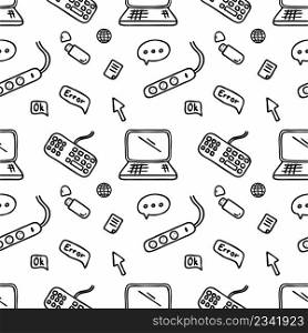 Seamless pattern for web page. Electronics and computer. Set of doodle elements. Endless wallpaper.