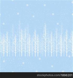 Seamless pattern forest pine tree and snow on blue background, Cute random tiny white dot with different size with branches tree for winter, Christmas and New Year background.Vector for wrapping paper