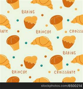 Seamless pattern. French pastry.. Seamless pattern. French pastry. Croissants and muffins. Vector illustration.