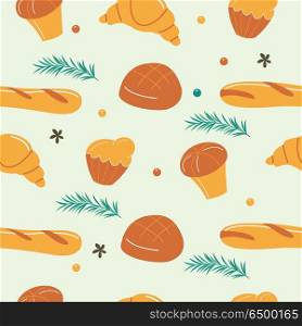 Seamless pattern. French pastry.. Seamless pattern. French pastry. Croissants, baguettes and rolls. Vector illustration.