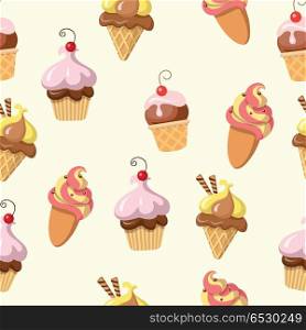 Seamless Pattern Fresh Tasty Ice Cream Isolated. Seamless pattern with fresh tasty ice cream isolated. Endless texture with refreshing delicious summer sweet. Confectionery illustration in flat design. Wallpaper design vector. Nutrition products