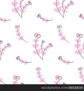 Seamless pattern from Abstract branches one line drawing with hearts in trendy pale pink shades. Happy Valentines day. Isolate. Design for greeting, invitations cards or poster, banner or label. EPS