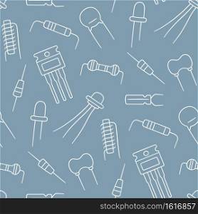Seamless pattern from electrical components. Diode, transistor capacitor, resistor and inductor. Hand drawn vector illustration on white background. Electrical components. Set of diode, transistor capacitor, resistor, inductor