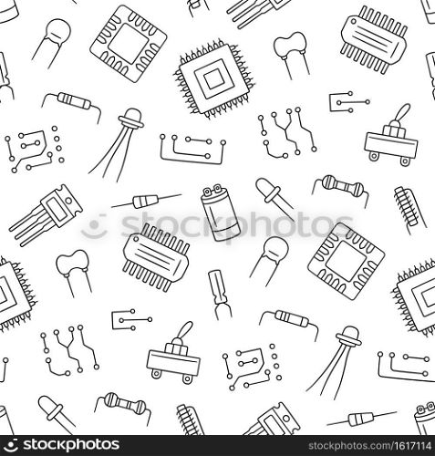 Seamless pattern from electrical components. Microchip, diode, transistor capacitor, resistor. Computer parts. Hand drawn vector illustration on white background. Seamless pattern from electrical components. Microchip, diode, transistor capacitor, resistor.
