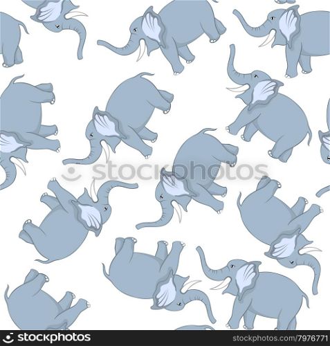 Seamless Pattern From Funny Cartoon Character Elephant With Smile and Raised Trunk Over White Background. Hand Drawn in Front View Elegant Cute Design. Vector illustration.