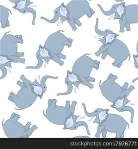 Seamless Pattern From Funny Cartoon Character Elephant With Smile and Raised Trunk Over White Background. Hand Drawn in Front View Elegant Cute Design. Vector illustration.