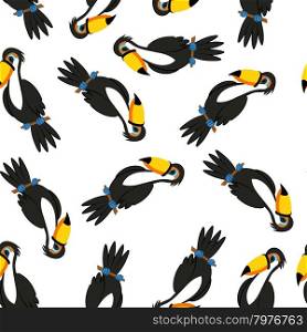 Seamless Pattern From Funny Cartoon Character Toucan Over White Background. Tropical and Zoo Fauna. Vector illustration.