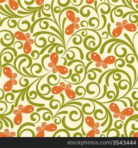 Seamless pattern from green plants and orange butterflies(can be repeated and scaled in any size)