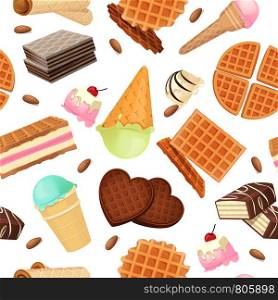 Seamless pattern from vaffel desserts and sweets. Vector pattern chocolate dessert and delicious tasty waffle illustration. Seamless pattern from vaffel desserts and sweets