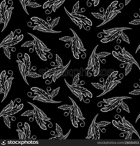 Seamless pattern from white leaves on the black background(can be repeated and scaled in any size)