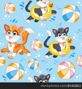 Seamless pattern funny kittens with an inflatable circle and a ball. Cartoon vector illustration. Childish print for textiles, fabrics, wallpapers, design, linen, decor, bed linen, packaging, apparel. Seamless pattern cute black cat on a pillow vector