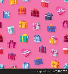 Seamless Pattern Gift Boxes.. Seamless pattern gift boxes. Colorful wrapped gift boxes. Beautiful present box with overwhelming bow. Various gift boxes on pink background. Gift symbol. Christmas gift box. Vector illustration