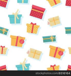 Seamless Pattern Gift Boxes with Ribbons and Bows. Seamless pattern with colorful gift boxes with fashionable ribbons and bows isolated. Present. Decorative stylish wrap for presents package. Modern packing product. Gifts web icon sign symbol. Vector