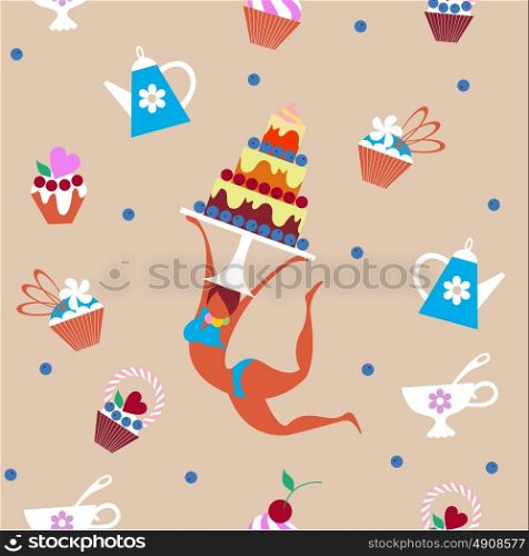 Seamless pattern. Girl and confectionery. Vector illustration.